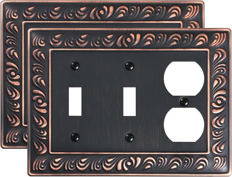 treewell 2-Pack Combo Double Toggle/Single Duplex Outlet Covers, Paisley Pattern Decorative Switch Plates and Outlet Covers, 4 Gang Aged Bronze Metal Wall Plates, Corrosion Resistant - Image 1